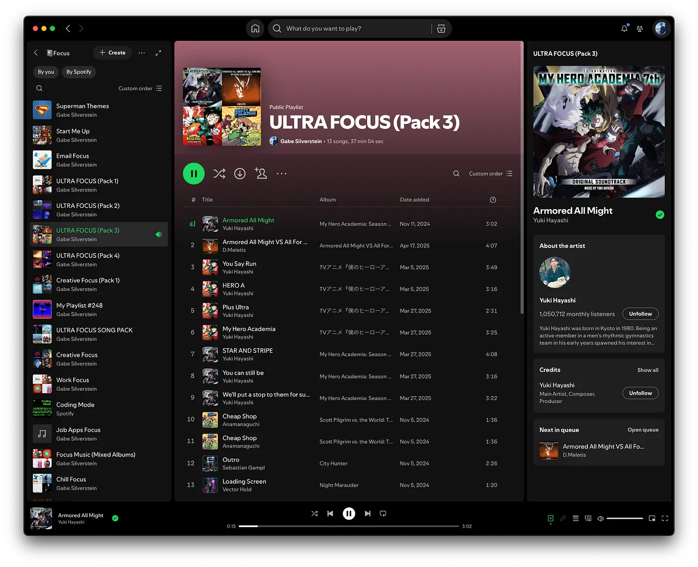 Focusing like All Might. A screenshot of my “ULTRA FOCUS” Spotify playlist, with the My Hero Academia soundtrack